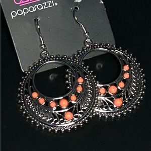 Paparazzi Silver Hoop Earrings with Coral Accents